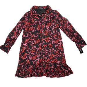 NWT Sam and‎ Jess Black Red Floral Button Down Ruffle Hem Mini Shirt Dress XL